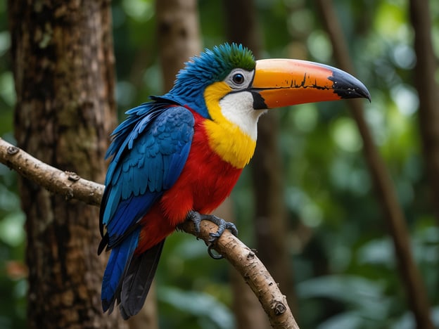 Auf dem Bild ist ein bunter Vogel zu sehen, der in einem Regenwald lebt. Im Regenwald erleben Tiere wie dieser Vogel viele Aktivitäten. Dazu gehören das Suchen nach Nahrung, das Nisten in den Bäumen, das Kommunizieren mit anderen Vögeln durch Gesang und das Entdecken ihrer Umgebung. Vögel spielen eine wichtige Rolle im Ökosystem des Regenwaldes, indem sie Samen verbreiten und somit zur Regeneration der Pflanzen beitragen.