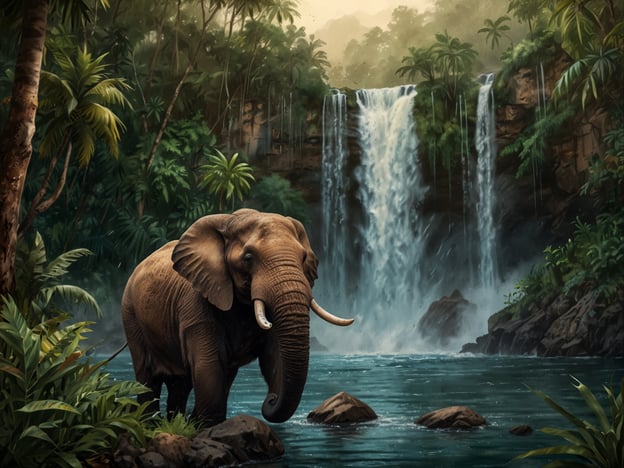 Auf dem Bild ist ein Elefant zu sehen, der in einem ruhigen Gewässer steht, umgeben von üppiger, tropischer Vegetation und einem Wasserfall im Hintergrund. Dies erinnert an die Naturschönheiten der Nationalparks Gabuns, wie den **Loango-Nationalpark**, der für seine abwechslungsreiche Tierwelt und die malerischen Küstenlandschaften bekannt ist. In Gabun gibt es auch andere beeindruckende Nationalparks, wie den **Moukalaba-Doudou-Nationalpark**, wo Elefanten und andere Wildtiere in einer unberührten Umgebung leben. Die Szenerie vermittelt ein Gefühl der Wildnis und der natürlichen Schönheit, die in diesen Schutzgebieten zu finden ist.