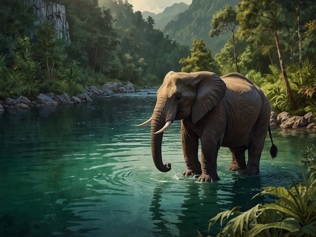 Das Bild zeigt einen majestätischen Elefanten, der in einem klaren, grünen Wasser steht. Umgeben von üppiger Vegetation und hohen Bäumen, vermittelt die Szenerie das Gefühl des tiefen Kongo-Dschungels. Die ruhige Atmosphäre und die Schönheit der Natur bilden einen perfekten Hintergrund für das beeindruckende Tier, das hier in seiner natürlichen Umgebung verweilt. Der Kontrast zwischen dem Wasser und der dichten Pflanzenwelt unterstreicht die Vielfalt und den Reichtum des Lebens im Dschungel.