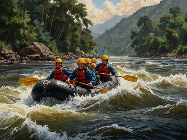 Auf dem Bild sind mehrere Personen zu sehen, die in einem Schlauchboot auf einem rauschenden Fluss paddeln. Diese Szene vermittelt ein Gefühl von Abenteuer, da die Teilnehmer beim Wildwasser-Rafting Spaß haben und die Herausforderungen der strömenden Gewässer meistern. Umgeben von einer wunderschönen, grünen Landschaft mit Bergen im Hintergrund, erleben sie sicherlich ein aufregendes Outdoor-Abenteuer in der Natur.