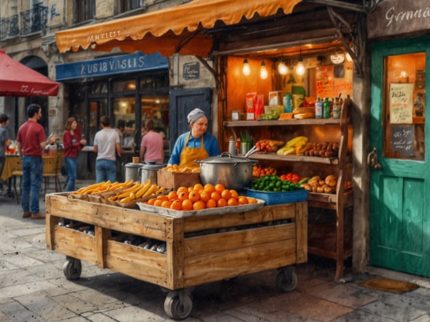 Auf dem Bild ist ein lebendiger Marktstand zu sehen, der eine kulinarische Entdeckungsreise verspricht. Der Stand ist reich gefüllt mit frischem Obst und Gemüse, darunter leuchtende Orangen und gesunde grüne Gemüse. Die Verkäuferin, die ein freundliches Lächeln trägt, bereit, die Besucher zu bedienen, strahlt eine einladende Atmosphäre aus. Um den Stand herum bewegen sich Menschen, die das gesellige Ambiente des Marktes genießen. Diese Szenerie lädt dazu ein, neue Geschmäcker und frische Zutaten zu entdecken und die Vielfalt lokaler Produkte zu erleben.