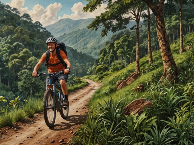 Auf dem Bild ist ein Radfahrer zu sehen, der auf einem malerischen Trails durch die grüne Landschaft fährt. Dies könnte eine Aktivität in Ruanda darstellen, da das Land bekannt für seine atemberaubenden Natur und herrlichen Radwege ist. 

In Ruanda können Abenteuerlustige Mountainbiking-Touren in den hügeligen Regionen unternehmen, besonders in Gebieten wie den Volcanoes Nationalpark oder dem Nyungwe Nationalpark. Diese Erlebnisse verbinden aufregende Radtouren mit der Möglichkeit, die reiche Flora und Fauna Ruandas zu entdecken, einschließlich der Möglichkeit, Schimpansen und andere Wildtiere zu beobachten. Die Kombination aus Sport und Natur macht Ruanda zu einem perfekten Ziel für Outdoor-Abenteuer.