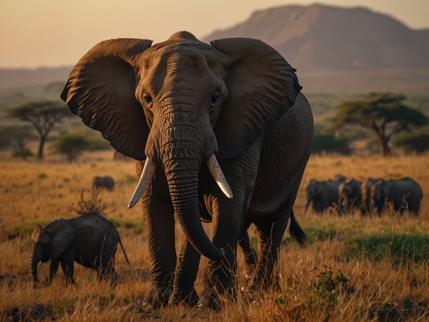 Auf dem Bild ist ein majestätischer Elefant zu sehen, der in einer weiten Savanne steht, umgeben von der goldenen Graslandschaft und sanften Hügeln im Hintergrund. Solche Szenen bieten die besten Safari-Erlebnisse, da man die Tierwelt in ihrem natürlichen Lebensraum beobachten kann. Der Elefant, bekannt für seine beeindruckende Größe und Intelligenz, zieht oft die Aufmerksamkeit von Safari-Besuchern an und symbolisiert die majestätische Fauna Afrikas.