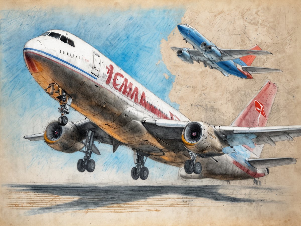 Zwei Flugzeuge sind in einem künstlerischen Bild dargestellt. Im Vordergrund hebt ein Flugzeug mit einem weißen und roten Design ab, während ein anderes, blaues Flugzeug im Hintergrund in die Luft fliegt. Der Himmel ist hellblau mit einigen Wolken, und der Boden zeigt Anzeichen einer Start- oder Landebahn. Die Szene vermittelt ein Gefühl von Bewegung und Luftfahrt. Wie lange fliegt man in die USA?