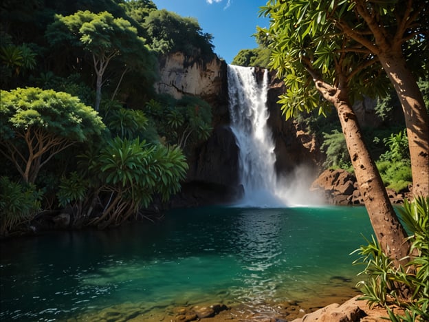 Auf dem Bild ist eine beeindruckende Wasserfall-Szenerie zu sehen. Man könnte dort Aktivitäten wie Wandern in der umgebenden Natur genießen oder ein erfrischendes Bad im klaren Wasser des Naturbeckens nehmen. Die Umgebung lädt zu Abenteuern in der Natur ein, wie zum Beispiel Vogelbeobachtungen oder Entspannung im Schatten der Bäume. Auch ein Picknick mit Freunden könnte hier ein unvergessliches Erlebnis sein!