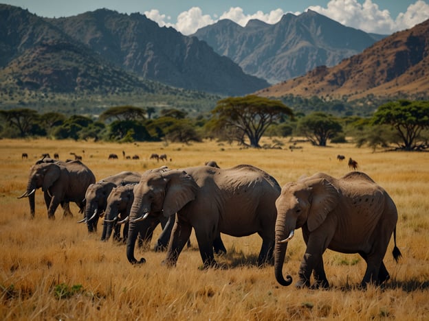 Auf dem Bild sind eine Gruppe von Elefanten zu sehen, die durch eine weite Graslandschaft schreiten, mit majestätischen Bergen im Hintergrund. 

Hier sind einige Tipps für eine unvergessliche Reise, insbesondere wenn du Wildtiere beobachten möchtest:

1. **Timing**: Besuche die Savanne in den frühen Morgenstunden oder am späten Nachmittag. Die Tiere sind dann aktiver und das Licht ist ideal für Fotos.

2. **Respektiere die Natur**: Halte einen sicheren Abstand zu den Tieren und störe sie nicht in ihrem natürlichen Verhalten.

3. **Verpacke die richtigen Dinge**: Denke an Ferngläser für bessere Beobachtungen und hochwertige Kameras oder Smartphones für tolle Fotos.

4. **Buche geführte Touren**: Lokale Guides kennen das Gebiet und die Verhaltensweisen der Tiere sehr gut, was dir mehr Erlebnisse ermöglicht.

5. **Bleibe flexibel**: Sei bereit, deine Pläne anzupassen, wenn du eine unerwartete Tierbeobachtung hast.

6. **Ökologisch unterwegs**: Unterstütze nachhaltige Tourismuspraktiken, indem du umweltfreundliche Unterkünfte wählst und auf Müllentsorgung achtest.

Eine Reise in die Wildnis kann unvergessliche Erlebnisse bieten, wenn man respektvoll mit der Natur umgeht!