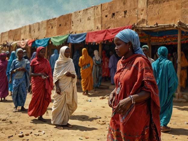 Auf dem Bild sind mehrere Frauen zu sehen, die traditionelle Kleidung tragen. Diese Vielfalt an Farben und Mustern spiegelt die kulturellen Traditionen wider, die in vielen afrikanischen Gemeinschaften sehr bedeutend sind. Die Frauen bewegen sich offensichtlich auf einem Markt oder in einem belebten Bereich, was einen Hinweis auf das soziale und wirtschaftliche Leben in der Region geben kann.

Die verschiedenen Kleidungsstile und Accessoires, wie die Kopftücher und Schmuck, sind nicht nur Mode, sondern tragen auch kulturelle Identität und Ausdruck. Märkte sind oft zentrale Orte für Gemeinschaftsinteraktionen, wo auch der Austausch von Waren und Geschichten stattfindet. Diese Szenen sind typische Darstellungen des Alltagslebens in vielen afrikanischen Kulturen, wo Traditionen lebendig gehalten werden und ein starkes Gemeinschaftsgefühl herrscht.