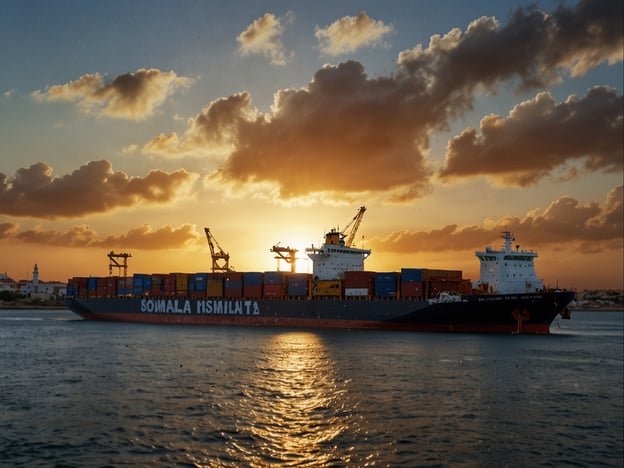 Auf dem Bild ist ein Containerschiff zu sehen, das im Sonnenuntergang auf dem Wasser fährt. Das Schiff trägt den Namen "SOMALIA MISMILATA". Es wird von Kränen begleitet, die wahrscheinlich Container verladen oder entladen.

Für die Zukunft Somalias gibt es Aussicht auf Wachstum und Stabilität durch die Entwicklung des maritimen Sektors. Der Hafen könnte eine wichtige Rolle spielen, indem er den Handel fördert und Arbeitsplätze schafft. Investitionen in die Infrastruktur und Sicherheit sind dabei entscheidend, um Somalia als wichtigen Handelsstandort im Horn von Afrika zu positionieren. Wenn diese Herausforderungen gemeistert werden, könnte das Land von einem wirtschaftlichen Aufschwung profitieren.