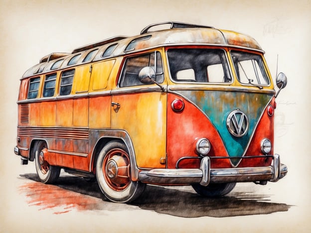 Auf dem Bild ist ein bunter VW-Bus zu sehen. Man könnte sich vorstellen, dass dieser Bus eine Art Attraktion auf einem Jahrmarkt oder einem Festival ist, wo Fahrgeschäfte und Fahrten im Freien stattfinden. Vielleicht dient er als mobile Snack- oder Getränke-Bude, die Besucher anzieht, während sie auf dem Riesenrad oder der Achterbahn warten. Die lebhaften Farben machen ihn zu einem Blickfang und könnten Stimmung für ein fröhliches Event erzeugen.