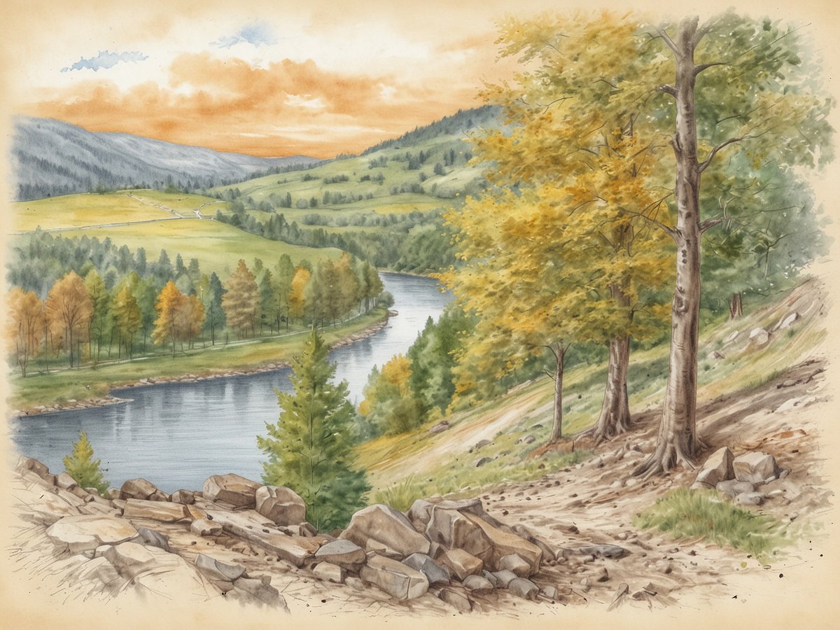 Eine malerische Landschaft zeigt einen Fluss, der sich durch sanfte Hügel schlängelt. Der Vordergrund besteht aus einem steinigen Ufer, während Bäume mit gelb- und orangefarbenen Blättern den Uferbereich säumen. Im Hintergrund erheben sich grüne Hügel unter einem leicht bewölkten Himmel, der von einem sanften Abendlicht erhellt wird. Die Szene strahlt Ruhe und natürliche Schönheit aus und erinnert an die Weiten und die Vielfalt der europäischen Landschaften. Wie oft passt Deutschland in die USA.