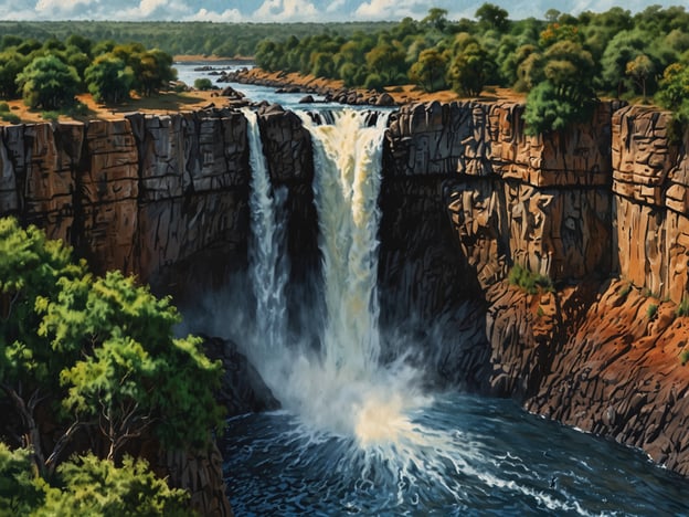 Auf dem Bild ist ein beeindruckender Wasserfall zu sehen, der von hohen Klippen herabstürzt. Die üppige Vegetation um den Wasserfall herum lädt zu verschiedenen Aktivitäten für Abenteurer ein. Hier sind einige mögliche Aktivitäten:

1. **Wanderung**: Erkunde die Pfade rund um den Wasserfall und genieße die atemberaubende Aussicht.
2. **Kajakfahren**: Nutze die Gewässer unterhalb des Wasserfalls für eine aufregende Paddeltour.
3. **Fotografie**: Halte die malerische Landschaft mit deiner Kamera fest und suche nach einzigartigen Perspektiven.
4. **Camping**: Verbringe eine Nacht in der Nähe des Wasserfalls, um die Natur zu genießen und den Geräuschen des Wassers zu lauschen.
5. **Vogelbeobachtung**: Nutze die Gelegenheit, die lokale Tierwelt und verschiedene Vogelarten zu beobachten.

Die Naturschönheiten bieten zahlreiche Möglichkeiten für Abenteuer und Erholung!