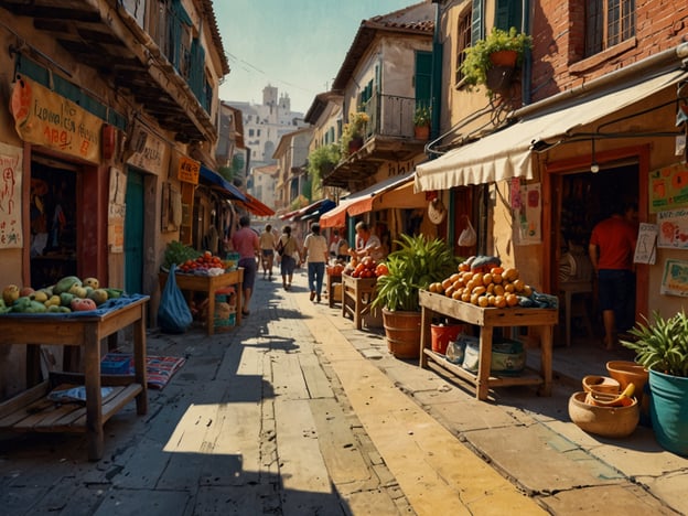 Auf dem Bild ist eine malerische Gasse zu sehen, die von kleinen Geschäften und Marktständen gesäumt ist. Es scheint sich um einen traditionellen Markt zu handeln, auf dem frisches Obst und Gemüse angeboten wird. Die bunten Stände und Plakate vermitteln eine lebendige Atmosphäre, während die Sonnenstrahlen die Szene in warmes Licht tauchen. 

Diese Umgebung lädt zu einer kulturellen Entdeckungsreise ein. Hier können Besucher nicht nur die lokalen Produkte kosten, sondern auch die Lebensweise und die Traditionen der Menschen erfahren, die in dieser Gegend leben. Die engen Gassen und die Architektur der Gebäude vermitteln ein Gefühl von Geschichte und Gemeinschaft, während die Interaktionen zwischen den Menschen die Kultur des Ortes lebendig werden lassen.