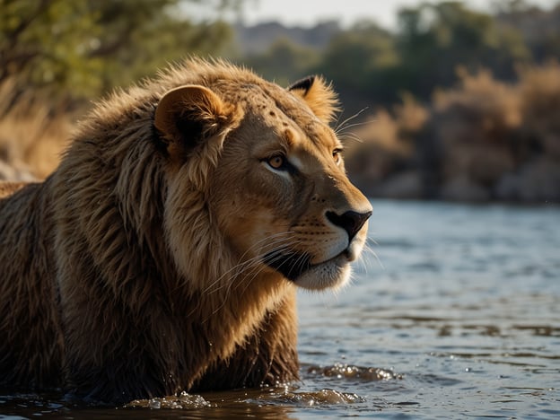 Auf dem Bild ist ein Löwe zu sehen, der im Wasser steht. Seine majestätische Mähne ist gut zu erkennen, und er schaut aufmerksam in die Ferne. 

Für Abenteuerherzen: Stelle dir vor, du gehst auf eine Safari und beobachtest wilde Tiere in ihrem natürlichen Lebensraum. Du könntest einen Löwen in der Nähe eines Gewässers beobachten, während er sich abkühlt oder nach Beute Ausschau hält. Ein solches Erlebnis wäre voller spannender Entdeckungen und der Möglichkeit, die Tierwelt hautnah zu erleben!