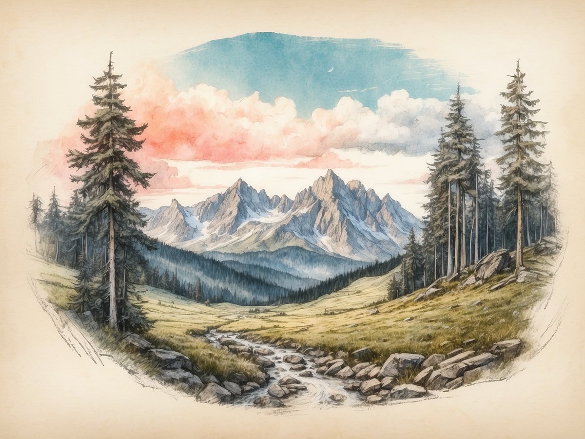 Eine ruhige Landschaft im Nationalpark Bayerischer Wald mit hohen, schlanken Tannenbäumen und einem sanften Hügel, der sich im Hintergrund erstreckt. Der Himmel ist in sanften Rosa- und Blautönen gehalten, während Wolken langsam vorbeiziehen. In der Mitte verläuft ein kleiner Bach, der über Steine plätschert und die natürliche Schönheit der Umgebung unterstreicht. Die majestätischen Berge im Hintergrund verleihen der Szene eine eindrucksvolle Tiefe und Wildnis.