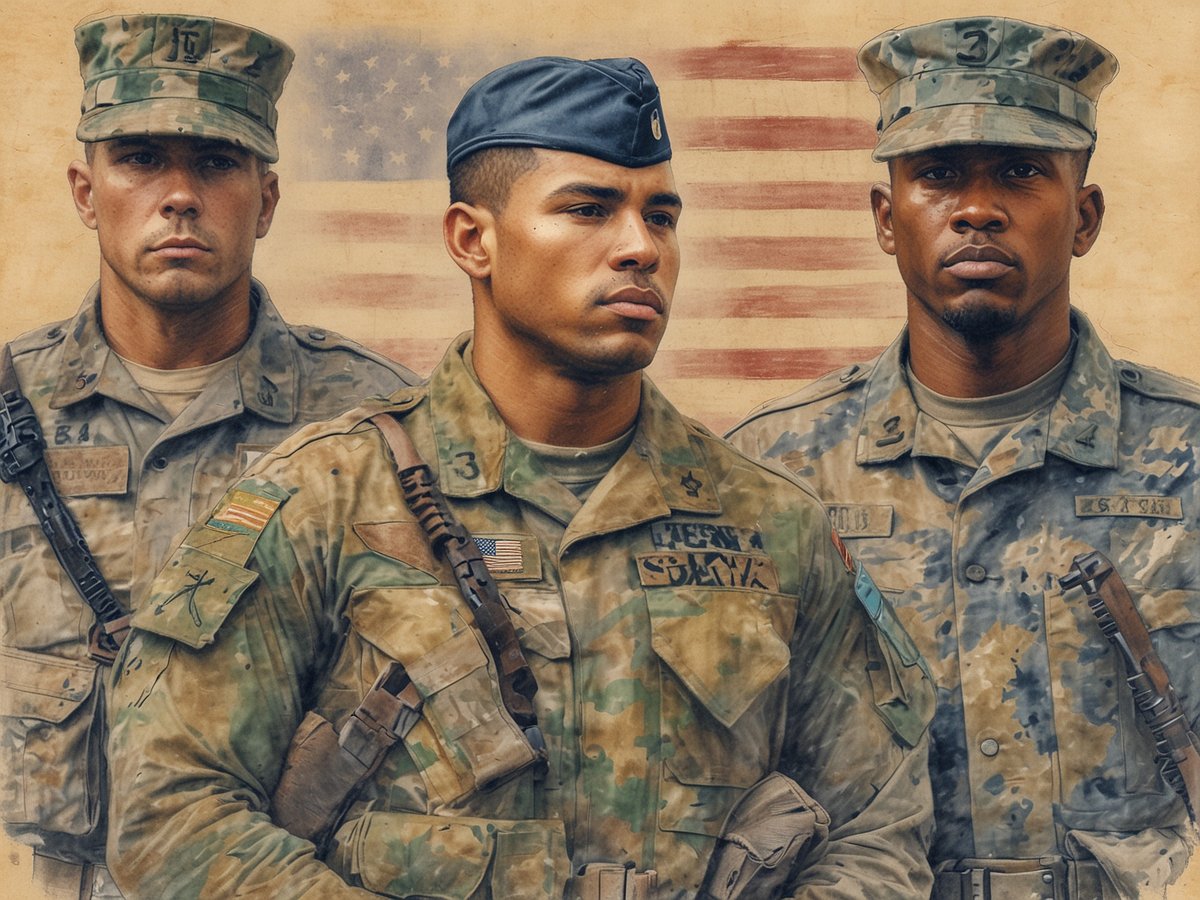 Drei Soldaten in Uniform stehen nebeneinander vor einem verschwommenen Hintergrund mit einer Flagge. Der Soldat in der Mitte trägt einen Helm und hat den Rang eines Offiziers, während die beiden anderen an den Seiten verschiedene Uniformen und Ränge tragen. Alle Soldaten schauen ernst in die Kamera. Wie viele Soldaten hat die USA.