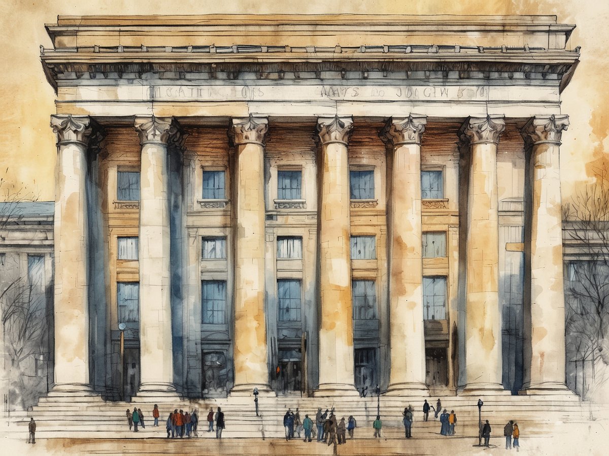 Ein imposantes Gebäude mit großen Säulen steht im Vordergrund. Die Architektur zeigt einen klassischen Stil mit detaillierten Verzierungen. Vor dem Gebäude stehen mehrere Personen, die in verschiedenen Kleidungsstücken gekleidet sind. Die Umgebung wirkt ruhig, und im Hintergrund sind einige Bäume sowie eine lichte Atmosphäre zu erkennen. Wie heißt die Hauptstadt der USA?