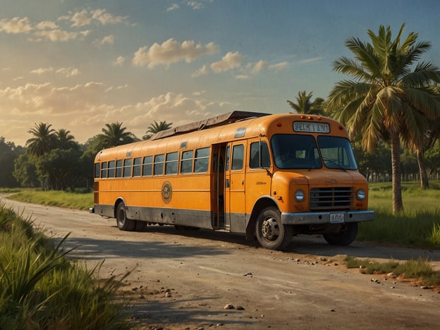 Auf dem Bild ist ein orangefarbener Bus zu sehen, der auf einem unbefestigten Weg steht, umgeben von grüner Natur und Palmen. 

Für Naturliebhaber gibt es einige tolle Reisetipps:

1. **Naturwanderungen**: Nutzen Sie die Gelegenheit, die umliegende Landschaft zu erkunden. Suchen Sie nach lokalen Wanderwegen, die durch unberührte Natur führen.

2. **Fotografie**: Wenn Sie einen Sinn für Fotografie haben, bringt die malerische Umgebung viele schöne Motive mit natürlichen Lichtverhältnissen.

3. **Tierbeobachtungen**: Halten Sie Ausschau nach einheimischen Tieren. Oft gibt es Möglichkeiten, Vögel oder andere Wildtiere zu beobachten.

4. **Camping**: Überlegen Sie, in der Nähe zu campen, um das Naturerlebnis noch intensiver zu genießen.

5. **Nachhaltige Touren**: Engagieren Sie sich in geführten Touren, die einen Fokus auf ökologischen Tourismus legen, um die lokale Flora und Fauna besser kennenzulernen.

Nutzen Sie die Gelegenheit, die Schönheit der Natur zu genießen und dabei die Umgebung aktiv zu erkunden!