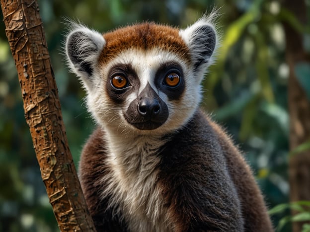 Auf dem Bild sind die faszinierenden Lemuren zu sehen. Sie haben einen prägnanten Gesichtsausdruck mit großen, leuchtenden Augen und charakteristischen Fellmustern. Diese Tiere sind bekannt für ihre ausgeprägte soziale Struktur und ihre aktiven Lebensweisen in den Bäumen ihrer natürlichen Umgebung. Der Lemur auf dem Bild scheint aufmerksam und neugierig zu sein, was für diese Tierart typisch ist.