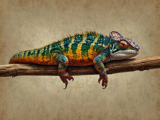 Auf dem Bild ist ein farbenfrohes Reptil zu sehen, das auf einem Ast sitzt. Es hat eine auffällige Mischung aus grünen, orangefarbenen und blauen Farben, die typisch für viele Tierarten Madagaskars sind. Madagaskar ist bekannt für seine einzigartige Tierwelt, einschließlich zahlreicher Reptilien und Amphibien, die nirgendwo sonst auf der Welt zu finden sind. Dieses Tier könnte ein Chamäleon oder ein Gecko sein, die beide für ihre beeindruckende Farbenpracht und Anpassungsfähigkeit bekannt sind.