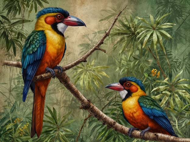 Auf dem Bild sind zwei Vögel zu sehen, die lebendige Farben und auffällige Merkmale aufweisen. Diese Vögel stammen aus Madagaskar und gehören zu den wunderschönen gefiederten Wesen der Insel. Ihre bunten Federn sind eine Anpassung an die üppige und vielfältige Umgebung Madagaskars, wo sie in den dichten Wäldern leben.

In den Wäldern Madagaskars finden wir auch zahlreiche Insekten, die in Harmonien mit der Flora und Fauna existieren. Diese kleinen Wunder tragen zur Biodiversität der Region bei und sind oft faszinierende Beispiele für Anpassung und Überleben. Die Kombination aus farbenfrohen Vögeln und einer breiten Palette von Insekten macht Madagaskar zu einem einzigartigen Habitat voller lebendiger Wunder.