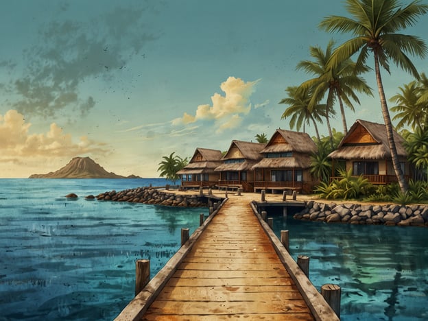 Willkommen auf Mauritius. Auf dem Bild ist eine malerische Landschaft zu sehen, die an einem tropischen Ort angelegt ist. Ein Holzsteg führt über das Wasser zu charmanten, strohgedeckten Bungalows, die umgeben von Palmen stehen. Im Hintergrund erhebt sich eine kleine Insel, die von sanftem Wasser umgeben ist, während der Himmel mit einigen Wolken in warmen Farbtönen leuchtet. Die Szene vermittelt eine friedliche und entspannende Atmosphäre, ideal für einen Urlaub in der Natur.