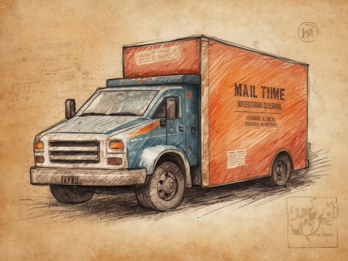 Ein blau-oranger Lieferwagen steht auf einem altmodischen Hintergrund. Auf der Seite des Fahrzeugs steht in großen Buchstaben "MAIL TIME". Das Design wirkt handgezeichnet und erinnert an nostalgische Versandthemen. Der Wagen ist mittig im Bild platziert, umgeben von skizzenhaften Details und einem sanften Farbton, der den Eindruck eines alten Briefes vermittelt. Wie lange braucht ein Brief in die USA.