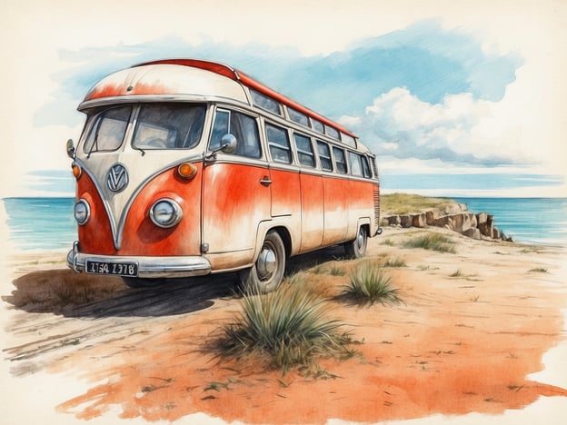 Auf dem Bild ist ein alter VW-Bus zu sehen, der vermutlich an einem Strandparkplatz steht und mit einer malerischen Küstenlandschaft im Hintergrund eingebettet ist. 

Wenn wir die Attraktionen von Sommerland Sjælland in Betracht ziehen, könnte man sich vorstellen, dass dieser Bus Teil eines Freizeitausflugs dorthin wäre. In Sommerland Sjælland gibt es viele spannende Attraktionen wie Achterbahnen, Wasserattraktionen und Spielplätze, die für Familien und Kinder geeignet sind. Der VW-Bus könnte symbolisch für die Freude und den Abenteuergeist stehen, den man dort erleben kann, während man mit Freunden oder der Familie einen unvergesslichen Tag verbringt.