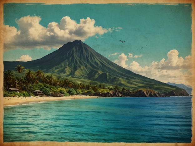 Auf dem Bild sind eine beeindruckende Landschaft mit einem vulkanischen Berg im Hintergrund sowie einer malerischen Küste zu sehen. Der klare, türkisfarbene Ozean spiegelt die Schönheit der Natur wider. Die Palmen am Strand und die sanften Wellen sorgen für eine tropische, entspannte Atmosphäre. Dies erinnert an die traumhaften Inseln der Komoren, die für ihre atemberaubenden Landschaften und vielfältige Natur bekannt sind. Die Szenerie vermittelt ein Gefühl von Ruhe und Idylle, typisches für diese Region im Indischen Ozean.