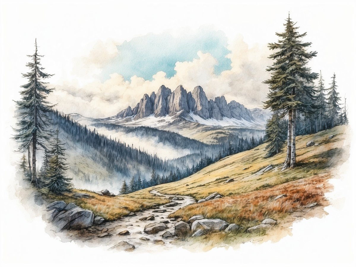 Eine malerische Landschaft mit dem Großen Arber im Hintergrund. Die Szenerie zeigt sanfte Hügel, die mit grünen und braunen Grasflächen bedeckt sind, sowie eine Reihe von Nadelbäumen, die sich entlang des Bildes erstrecken. Im Vordergrund verläuft ein schmaler Pfad aus Steinen und Erde durch die Wiese. Die Berge im Hintergrund sind majestätisch und leicht bewölkt, während der Himmel in sanften Blautönen schimmert. Die gesamte Landschaft strahlt eine ruhige und natürliche Atmosphäre aus.