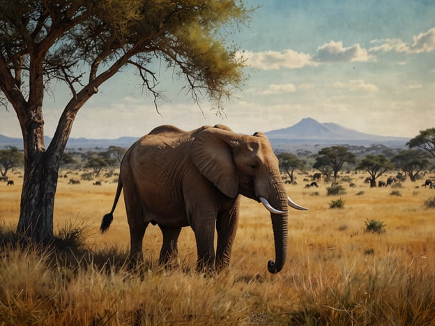 Auf dem Bild ist ein majestätischer Elefant zu sehen, der in der Weite der Serengeti umherstreift. Die Landschaft ist geprägt von hohen Gräsern, vereinzelten Bäumen und einer sanften Hügellinie im Hintergrund, die die Schönheit der afrikanischen Wildnis widerspiegelt. Die Serengeti ist bekannt für ihre vielfältige Tierwelt und bietet ein Abenteuer, das die Besucher in die faszinierende Natur eintauchen lässt.