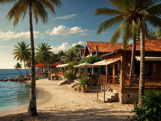 Auf dem Bild ist ein wunderschöner Strand mit Palmen und mehreren charmanten Gebäuden direkt am Wasser zu sehen. Die Szene strahlt Ruhe und Entspannung aus, ideal für einen Aufenthalt auf Sansibar – einem echten Paradies für Entspannungssuchende. Die sanften Wellen des Meeres, der feine Sand und die einladenden Terrassen der Häuser laden dazu ein, die Seele baumeln zu lassen.