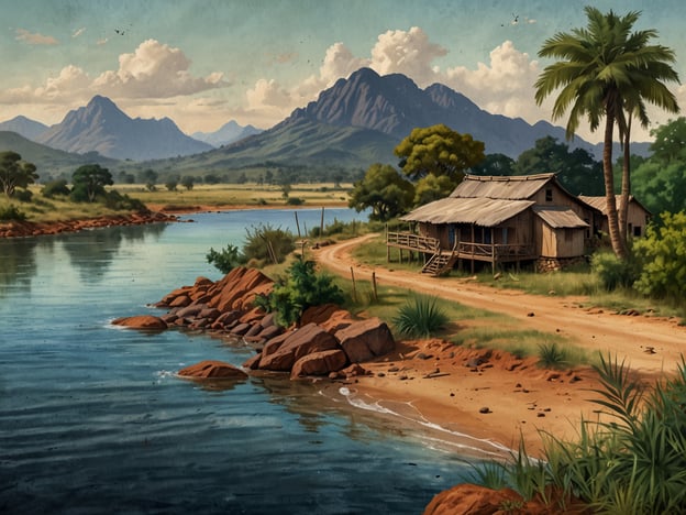 Das Bild zeigt eine malerische Landschaft in Malawi. Im Vordergrund ist ein ruhiger Fluss zu sehen, der von sanften Steinstränden gesäumt wird. Am Ufer steht ein einfaches, rustikales Haus mit einer Veranda. Im Hintergrund erheben sich majestätische Berge, die mit grünen Hügeln und Bäumen umgeben sind. Der Himmel ist blau mit einigen Wolken, was auf einen schönen, sonnigen Tag hindeutet. Diese Szene vermittelt eine friedliche und natürliche Umgebung, die typisch für die ländliche Gegend Malawis ist.