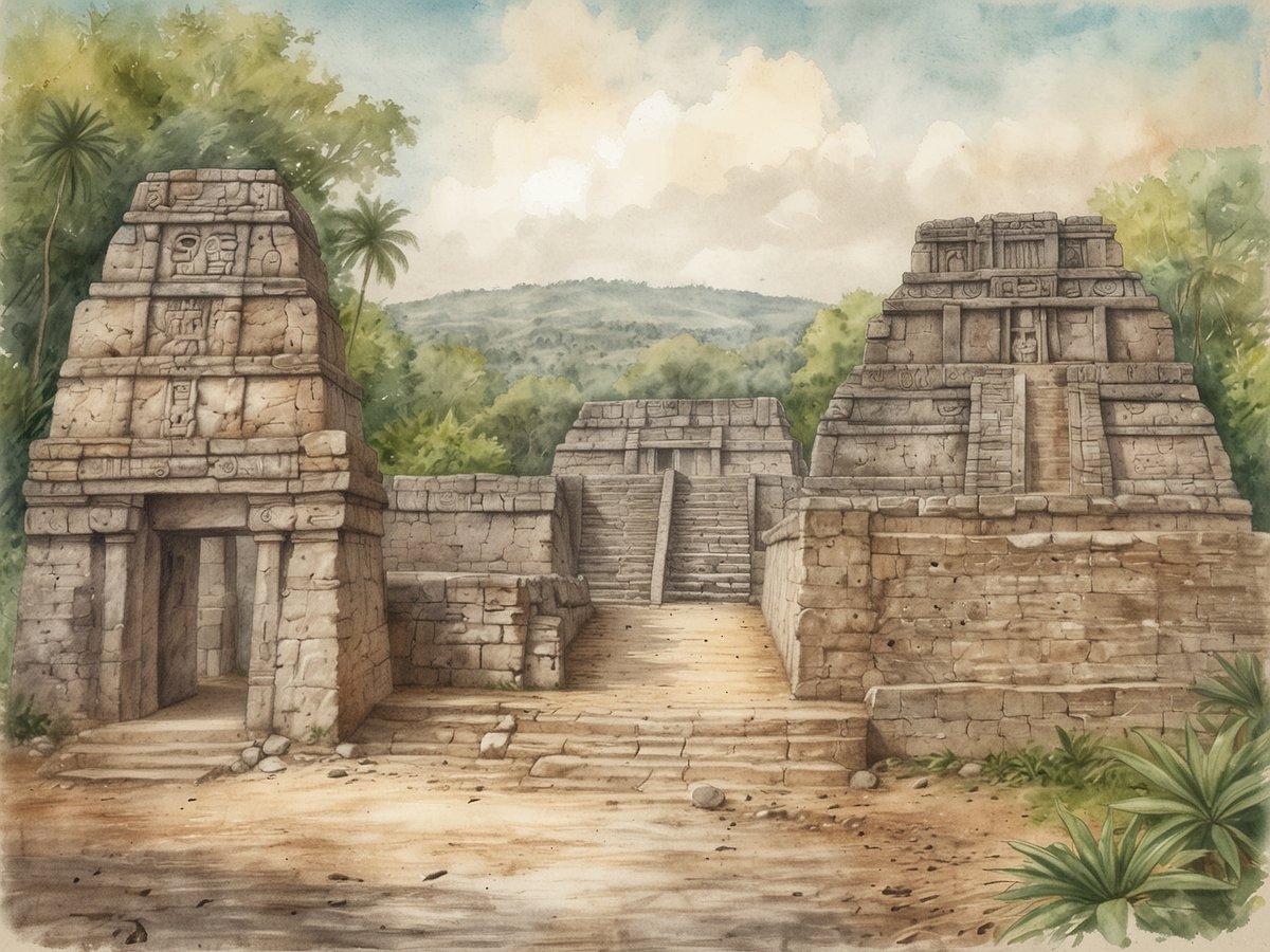 San Ignacio zeigt eine beeindruckende Darstellung von Maya-Ruinen, umgeben von üppiger Natur. Im Vordergrund stehen mehrere massive Steinstrukturen, die mit detaillierten Schnitzereien verziert sind. Treppen führen zu den Eingängen der Gebäude. Grüne Palmen und Bäume im Hintergrund vermitteln eine natürliche Kulisse und deuten auf die reichhaltige Flora der Umgebung hin. Der Himmel ist leicht bewölkt, was eine mystische Atmosphäre schafft, die die historische Bedeutung dieser Stätte unterstreicht.