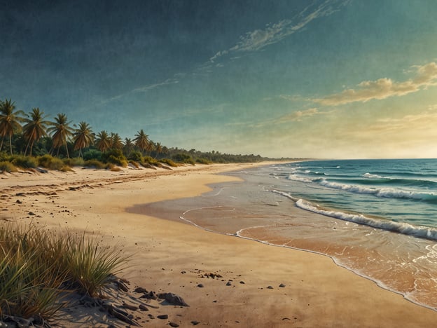 Auf dem Bild sind die zauberhaften Strände Mosambiks zu sehen. Der Sandstrand erstreckt sich entlang des ruhigen Wassers, und Palmen säumen die Küste. Die sanften Wellen des Meeres treffen auf den Strand, während der Himmel in sanften Farben leuchtet. Es ist ein idyllischer und friedlicher Ort, der die natürliche Schönheit von Mosambik widerspiegelt.