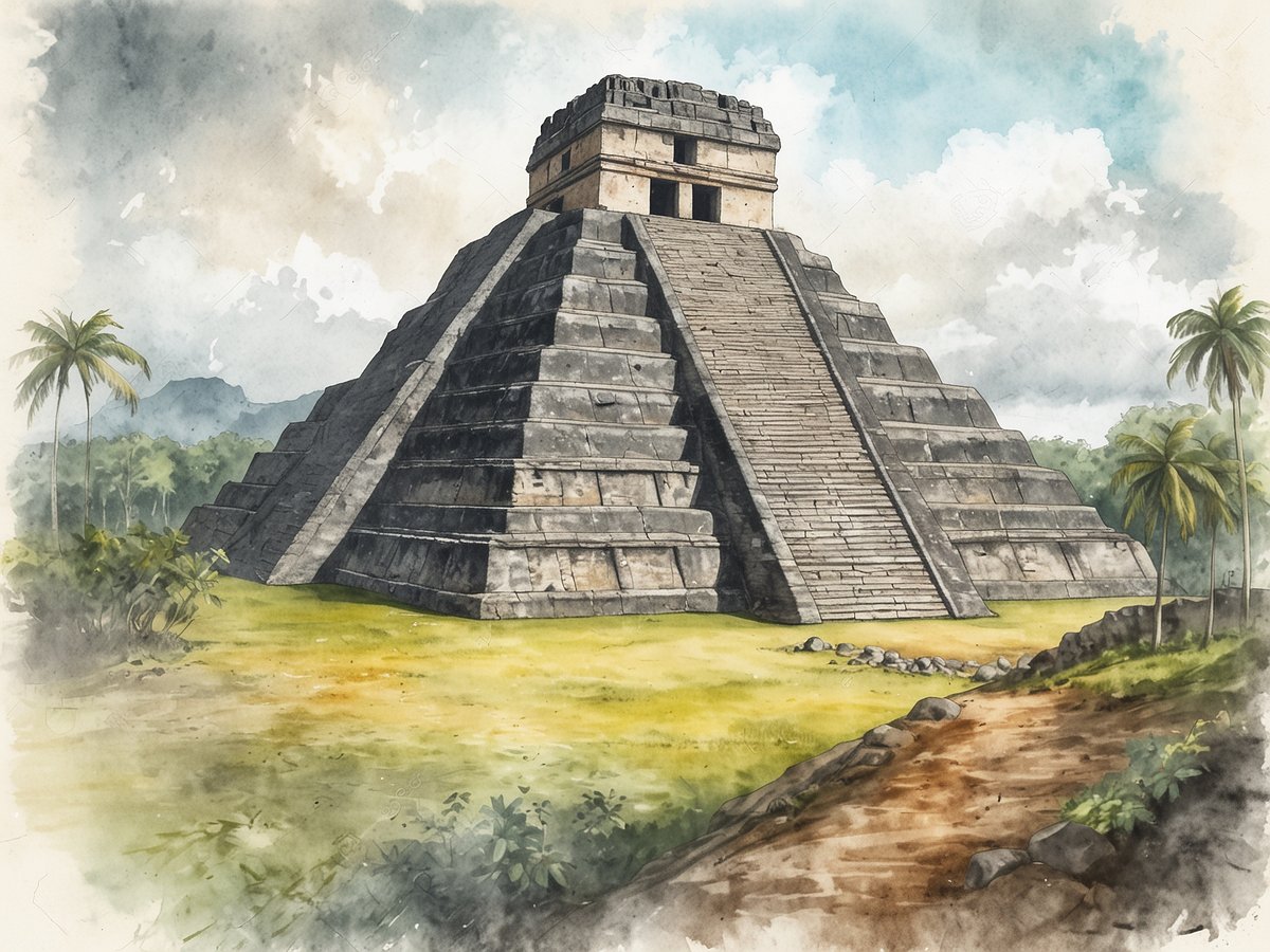 Mystische Maya-Ruinen von Xunantunich in einer malerischen Darstellung. Im Vordergrund erhebt sich eine pyramidenförmige Struktur mit mehreren Stufen, die zu einem Plateau führt. Umgeben von üppigem Grün sind Palmen und dichte Vegetation sichtbar. Der Himmel ist teilweise bewölkt, und sanfte Hügel sind im Hintergrund zu erkennen, die zur beeindruckenden Kulisse beitragen.