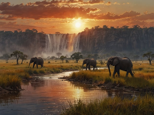 Auf dem Bild sind atemberaubende Naturlandschaften Simbabwes zu sehen. Im Vordergrund sind Elefanten, die an einem ruhigen Gewässer stehen. Im Hintergrund erstreckt sich eine beeindruckende Wasserfalllandschaft, während die Sonne am Horizont untergeht und den Himmel in warmen Farbtönen erleuchtet. Die grüne, hügelige Savanne und die vereinzelten Bäume tragen zur malerischen Szenerie bei.