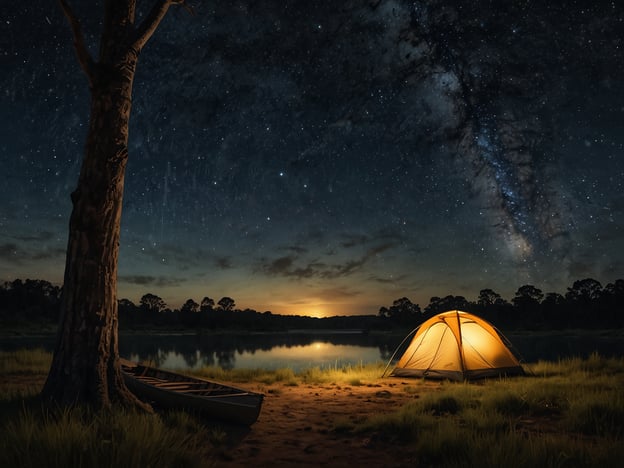 Auf dem Bild ist ein idyllisches Camping-Szenario in der Wildnis zu sehen. Ein Zelt leuchtet sanft im Dunkeln, umgeben von grünem Gras und einem ruhigen Gewässer, das den Nachthimmel widerspiegelt. In der Nähe liegt ein Boot, das zum Paddeln genutzt werden kann. Darüber sind zahlreiche Sterne am Himmel zu sehen, was auf eine klare Nacht hinweist – perfekt für Aktivitäten wie Sternenbeobachtung oder einfaches Entspannen am Lagerfeuer.