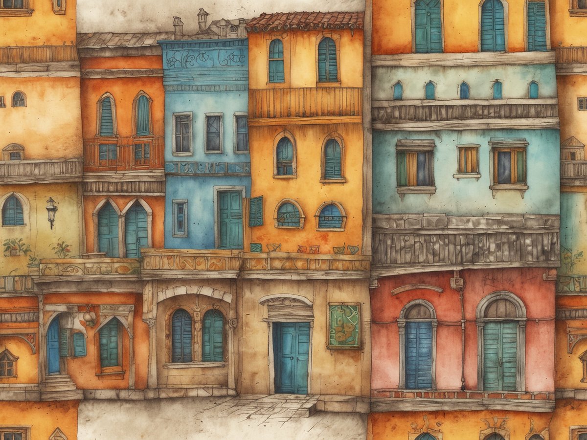 Farbenfrohe Fassaden in Belize City zeigen eine Mischung aus karibischem und kolonialem Architekturstil. Die Gebäude sind in lebendigen Farben wie Orange, Blau, Gelb und Rot gehalten und verfügen über traditionelle Fenster mit Fensterläden. Einige Fassaden haben verzierte Balkone und ornamental gestaltete Details. Diese Darstellung spiegelt die kulturelle Vielfalt und das historische Erbe der Stadt wider.