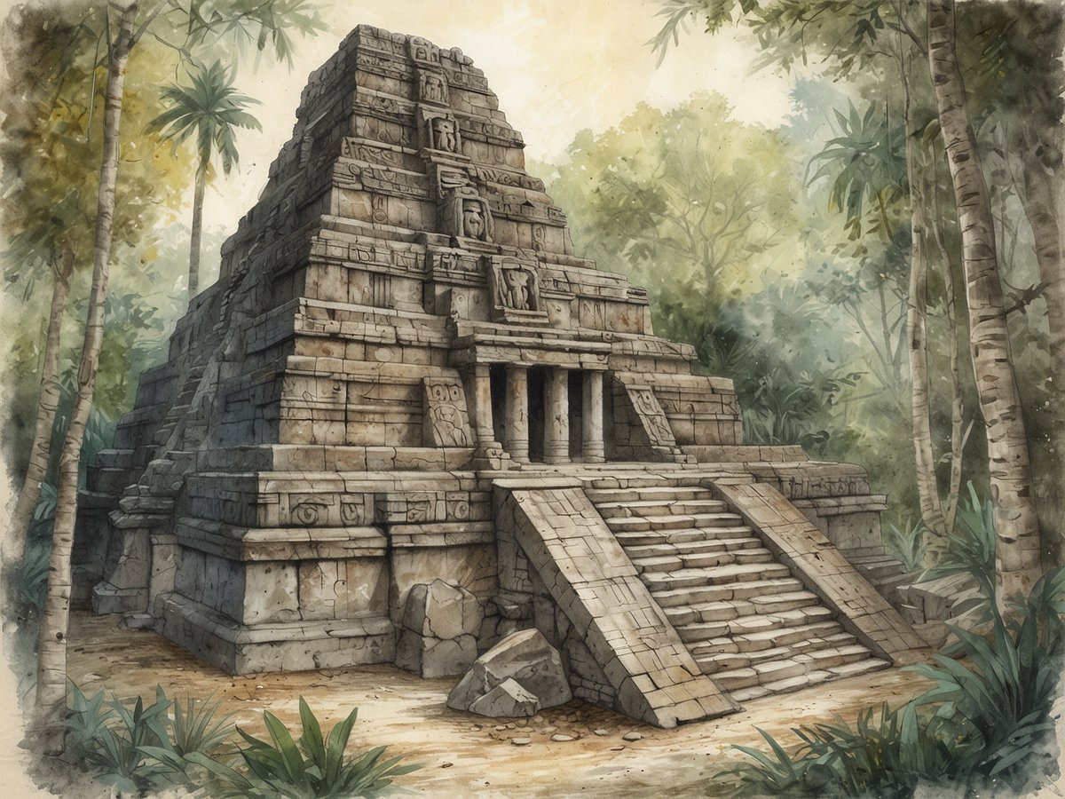 Ein majestätischer Maya-Tempel erhebt sich im dichten Dschungel von Lamanai. Der Tempel ist aus großen, grauen Steinen erbaut und zeigt verschiedene kunstvolle Reliefs an den Wänden. Eine breite Treppe führt hinauf zum Eingang, flankiert von üppigem Pflanzenbewuchs. Hohe Palmen und andere grüne Pflanzen umgeben die antiquarische Struktur, während ein sanftes Licht durch das Blätterdach strömt und eine mystische Atmosphäre schafft.