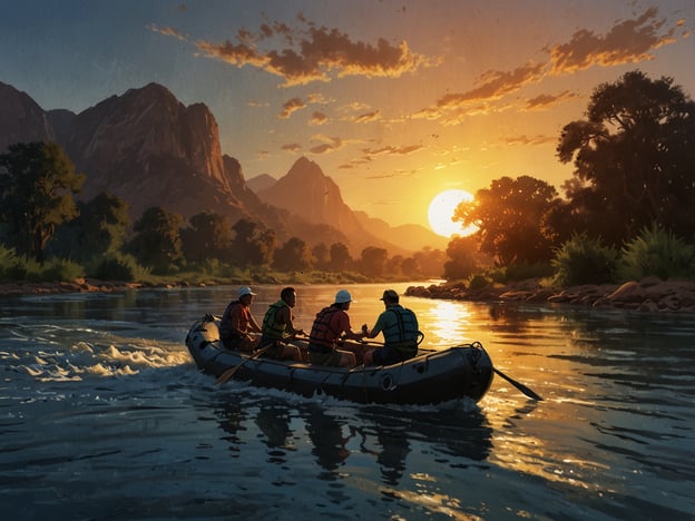 Auf dem Bild sind vier Personen zu sehen, die in einem Boot auf einem ruhigen Fluss paddeln. Die Sonnenuntergangsstimmung verleiht der Szene eine malerische Atmosphäre. Die Umgebung ist von majestätischen Bergen und üppiger Vegetation geprägt, was auf ein aufregendes Abenteuer in der Natur hinweist. Diese Aktivität könnte Teil einer Rafting-Tour oder einer entspannten Erkundung der Wildnis sein, die den Teilnehmern die Möglichkeit bietet, die Schönheit der Landschaft zu genießen und gleichzeitig aktiv zu sein.