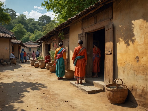 Auf dem Bild ist eine ländliche Szene zu sehen, die vermutlich aus einer traditionellen Kultur stammt. Man erkennt mehrere Personen in farbenfrohen, traditionellen Gewändern, die durch eine Straße in einem kleinen Dorf spazieren. Die Gebäude scheinen aus Lehm und Holz zu sein, was auf eine einfache, aber kulturell reiche Lebensweise hinweist.

Die Szenen erinnern an kulturelle Erlebnisse wie lokale Feste, Märkte oder gemeinschaftliche Aktivitäten, wo Menschen zusammenkommen, um zu arbeiten, zu reden oder ihre Traditionen auszutauschen. Die Verwendung von Töpfen, die die Menschen tragen, könnte auf landwirtschaftliche oder tägliche Aufgaben hindeuten, die in vielen Kulturen von Bedeutung sind, wie das Sammeln von Wasser oder Lebensmitteln. Solche Darstellungen fördern ein Gefühl von Gemeinschaft und Tradition.