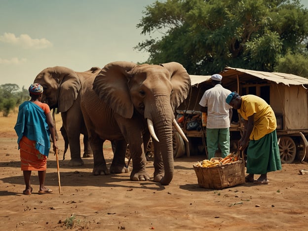 Auf dem Bild sind zwei Elefanten zu sehen, die sich in der Nähe von Menschen und einer kleinen Verkaufsstelle befinden. Diese Szene vermittelt ein Gefühl von ländlichem Leben, möglicherweise in Afrika, und zeigt die Interaktion zwischen Menschen und Tieren.

Wenn du eine Reise in ein Gebiet planst, in dem Elefanten und lokale Kulturen präsent sind, hier einige Tipps:

1. **Respektiere die Tierwelt**: Halte Abstand zu den Tieren und beobachte sie respektvoll. Es ist wichtig, die natürlichen Lebensräume der Elefanten zu respektieren.

2. **Besucherzentren**: Informationen über Elefanten und ihre Lebensweise findest du oft in örtlichen Besucherzentren oder bei Naturschutzprojekten.

3. **Lokale Guides**: Nutze lokale Tourguides, die dir nicht nur die besten Plätze zeigen können, sondern dir auch viel über die Kultur und die Tiere erzählen.

4. **Marktbesuche**: Wenn du lokale Märkte besuchst, probiere regionale Speisen und kaufe handgefertigte Souvenirs. Achte darauf, dass die Produkte nachhaltig sind.

5. **Reisezeit**: Überlege dir die beste Reisezeit, um die Tierwelt zu beobachten, da viele Tiere in den Trockenzeiten aktiver sind.

6. **Kulturelle Sensibilität**: Informiere dich über die lokalen Bräuche und Traditionen, um respektvoll mit den Einheimischen umzugehen.

Solche Reisen können ein unvergessliches Erlebnis sein, das tiefere Einblicke in die Kultur und die Tierwelt bietet.