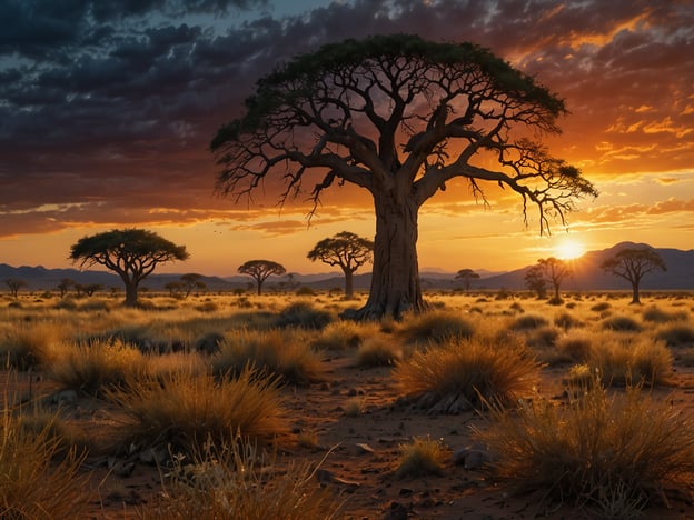 Auf dem Bild ist eine beeindruckende Landschaft zu sehen, die von majestätischen Bäumen und weitläufigen Grasflächen geprägt ist. Der Sonnenuntergang taucht den Himmel in warme Farben, während die Silhouetten der Bäume eindrucksvoll gegen das Licht hervortreten. Diese Szene zeigt die Schönheit der Natur und die friedliche Atmosphäre einer offenen Steppe oder Wüste, die ein wahres Naturwunder darstellt. Die sanften Hügel im Hintergrund fügen sich harmonisch in die Landschaft ein und verstärken den Eindruck von Weite und Ruhe.