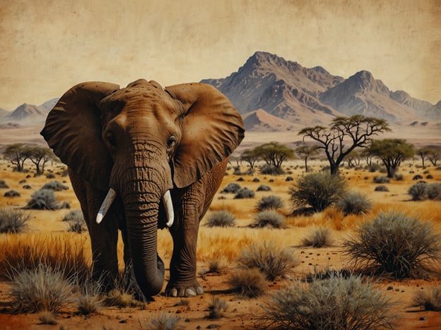 Auf dem Bild ist ein Elefant in einer typischen wüstenähnlichen Landschaft zu sehen, die an die Natur Namibias erinnert. Namibia ist bekannt für seine vielfältige Tierwelt und spektakulären Landschaften, darunter Wüsten wie die Namib und die Kalahari, sowie beeindruckende Gebirgszüge. Der Elefant, ein symbolisches Tier für die Fauna der Region, ist ein häufiges Motiv in dieser beeindruckenden Landschaft, die auch von trockenen Graslandschaften und vereinzelten Akazienbäumen geprägt ist. Diese Umgebung spiegelt das reiche Ökosystem und die naturschönen Aspekte Namibias wider.