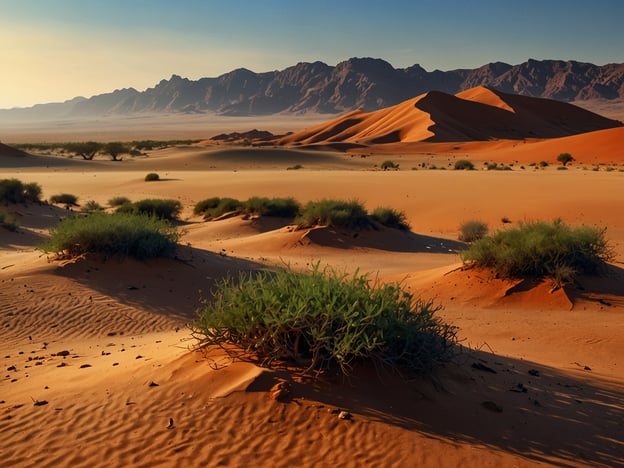 Auf dem Bild ist eine wunderschöne Landschaft der Namib-Wüste zu sehen. Es zeigen sich hohe Sanddünen, die in verschiedenen Rottönen leuchten, während im Vordergrund einige grüne Pflanzen wachsen, die sich zwischen den Dünen befinden. Im Hintergrund erheben sich majestätische Berge, die die karge Schönheit der Wüste unterstreichen. Die sanften Farbnuancen und das Licht vermitteln eine ruhige, fast magische Atmosphäre.