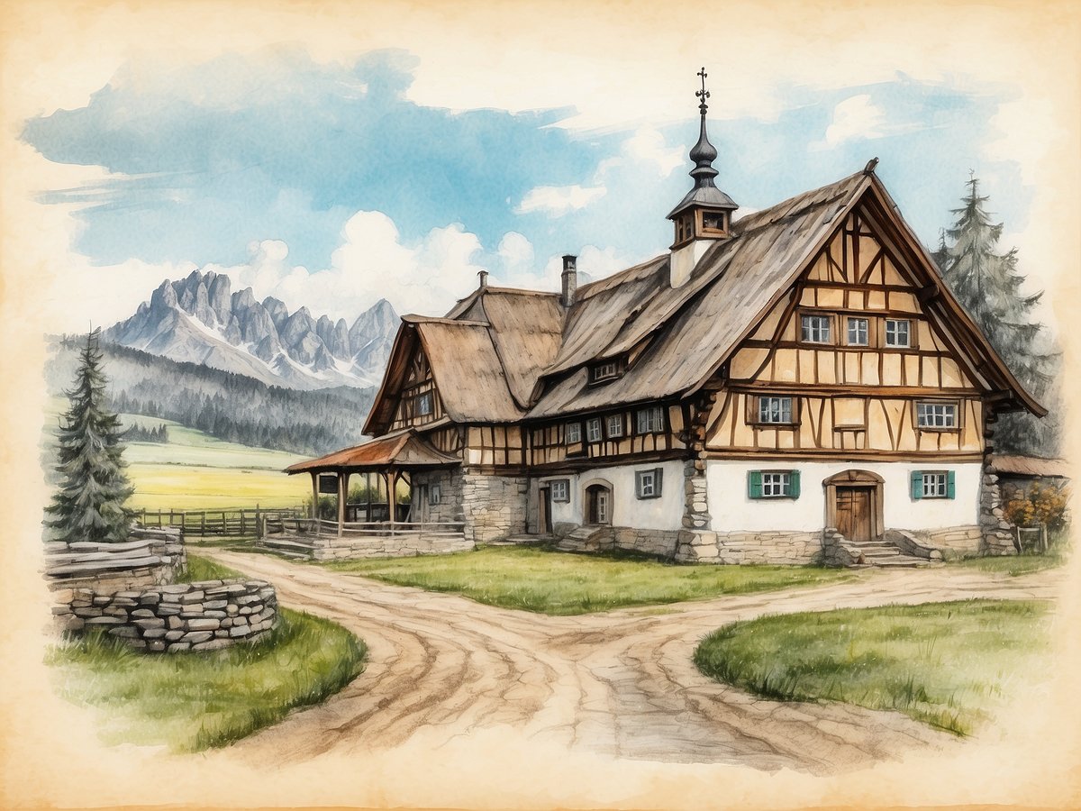 Das Bild zeigt ein traditionelles bayerisches Holzhaus im Museumsdorf Bayerischer Wald. Das Gebäude hat eine markante Fachwerkarchitektur mit einem strohgedeckten Dach und ist von einer malerischen Landschaft umgeben. Im Hintergrund sind sanfte Hügel und Berge zu sehen, die den ländlichen Charme der Region unterstreichen. Ein Weg aus Erde führt zu dem Haus, während angrenzende Bäume und eine Steinmauer das Bild abrunden. Der Himmel ist klar mit einigen Wolken, was eine friedliche Atmosphäre schafft.