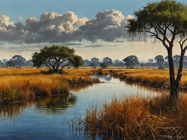 Das Bild zeigt eine wunderschöne Landschaft, die typisch für das Okavango-Delta ist. Dieses einzigartige Feuchtgebiet in Botswana ist bekannt für seine eindrucksvollen Auenlandschaften, ruhigen Wasserläufe und die üppige Vegetation. 

Die Szene umfasst hohe Gräser, die in sanften Brauntönen leuchten, und vereinzelte Bäume, die das Bild erheben. Das Wasser, das sich in der Mitte schlängelt, spiegelt den Himmel und die Wolken wider, was die friedliche Atmosphäre der Region unterstreicht. 

Das Okavango-Delta bietet nicht nur eine beeindruckende Landschaft, sondern auch einen Lebensraum für zahlreiche Tierarten und ist bekannt für seine Artenvielfalt. Die Harmonie zwischen Wasser und Land in dieser Region macht sie zu einem der faszinierendsten Ökosysteme Afrikas.