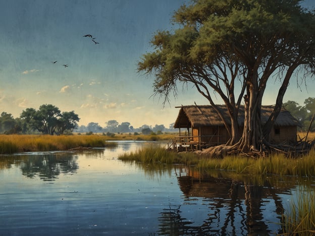 Auf dem Bild ist eine malerische Landschaft zu sehen, die den Okavango-Delta widerspiegelt. Aktivitätsmöglichkeiten in dieser Umgebung könnten Bootsafaris auf den ruhigen Gewässern sein, bei denen man die artenreiche Tierwelt, wie Nilpferde und verschiedene Vogelarten, beobachten kann. Auch geführte Wanderungen durch die umliegenden Feuchtgebiete sind beliebt, um die einzigartige Flora und Fauna zu erleben. Darüber hinaus wäre das Übernachten in einer der gemütlichen Lodges, die oft am Wasser gebaut sind, eine Möglichkeit, die Schönheit der Natur hautnah zu genießen.