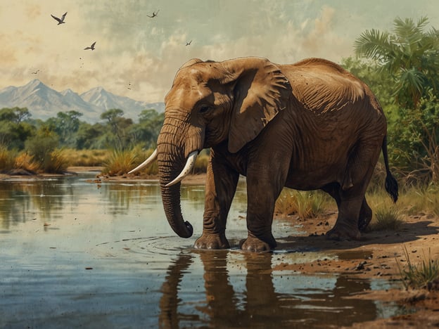 Auf dem Bild ist ein majestätischer Elefant zu sehen, der an einem ruhigen Gewässer steht. Umgeben von einer malerischen Landschaft mit sanften Hügeln und einer üppigen Vegetation, vermittelt die Szene die aufregende Welt der Safari. Der Elefant, mit seinen charakteristischen großen Ohren und beeindruckenden Stoßzähnen, spiegelt die Vielfalt und Schönheit der afrikanischen Tierwelt wider. Die sanften Wellen des Wassers und die Pflanzen im Hintergrund tragen zur friedlichen Atmosphäre dieses faszinierenden Lebensraums bei.