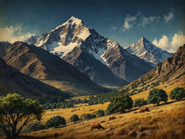 Auf dem Bild sind majestätische Berge mit schneebedeckten Gipfeln zu sehen, die sich über eine weite Landschaft erstrecken. Die Umgebung scheint geprägt von sanften Hügeln und einer grünen Wiese, auf der Kühe grasen. Diese Szene könnte die natürliche Schönheit und die beeindruckenden Landschaften von Lesotho widerspiegeln, einem Land, das für seine Berge und weiten Täler bekannt ist. Der Himmel ist klar mit einigen Wolken, was zu einer malerischen Atmosphäre beiträgt.